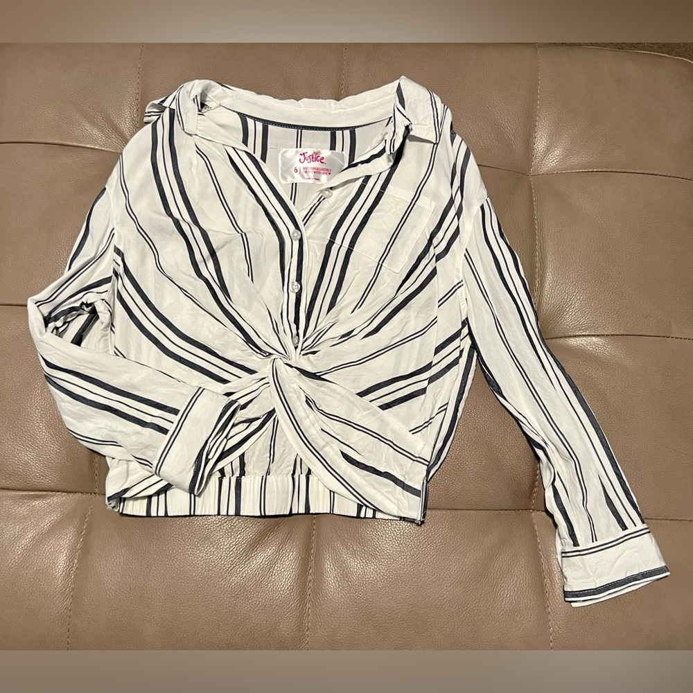 Justice Girls 6 white navy blue stripes button faux tie pocket collared blouse